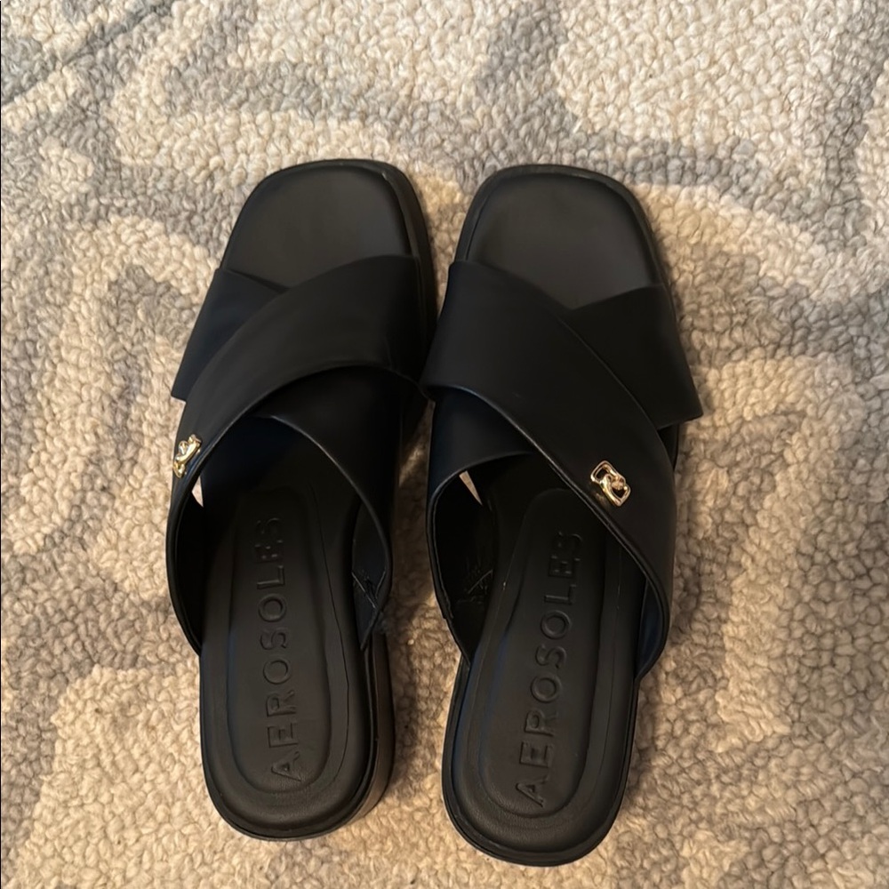 Black Square Toe Leather Sandals